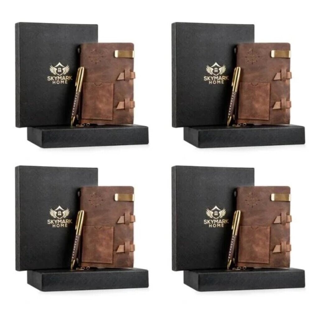Set of 4 Handcrafted 100% Genuine Leather Notebook Journal Brown Gift Set w/Pen